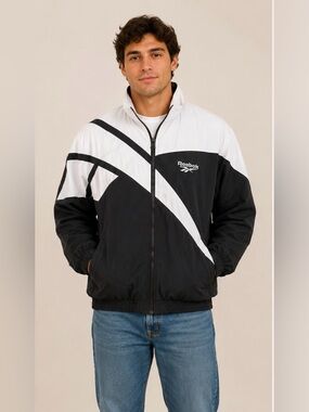 Vintage Reebok Windbreaker Jacket Black White Colorblock Men's Large